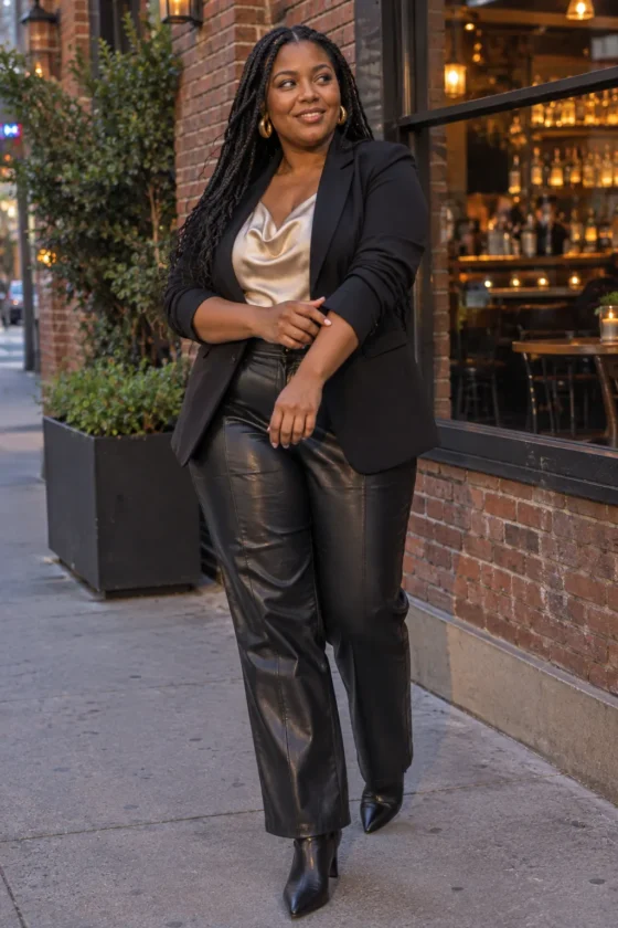 Plus-size woman in faux leather pants, satin blouse and blazer for a fall girls’ night out