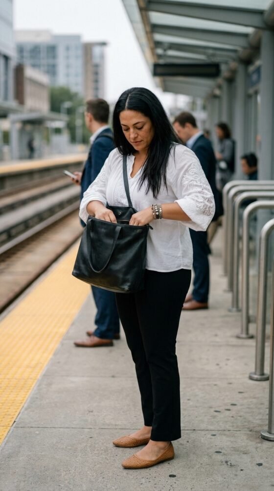 . Black Ponte Pants and an Embroidered Top for Budget-Friendly Work Style