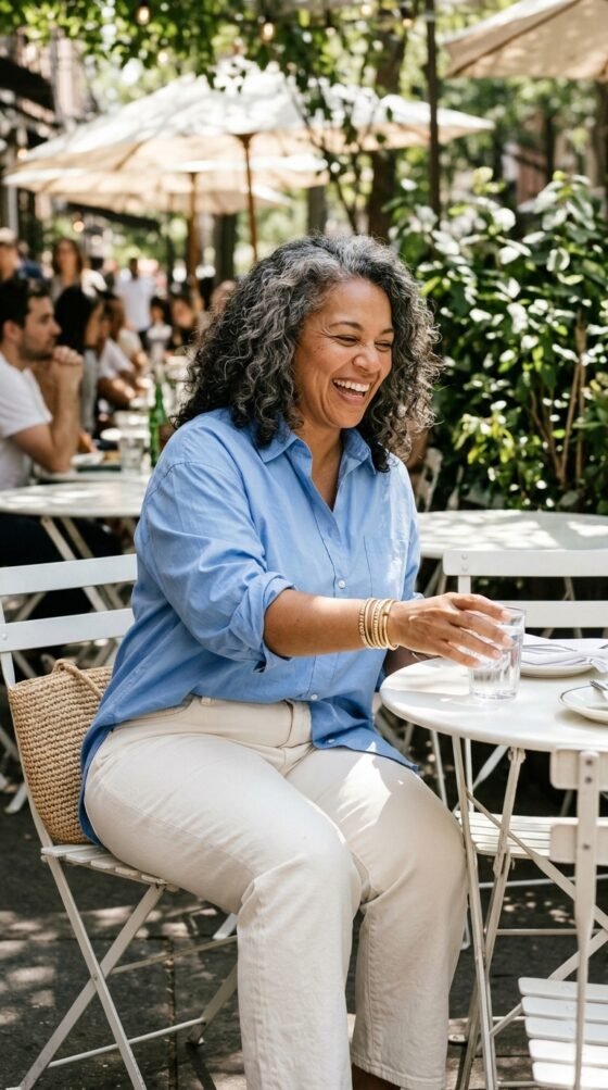 Plus-size woman in cool blue poplin shirt and white jeans on a sunny café patio