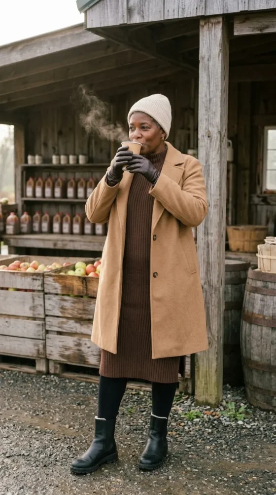 Plus-size woman in brown sweater dress, camel coat and boots sipping hot cider at an orchard cider shed
