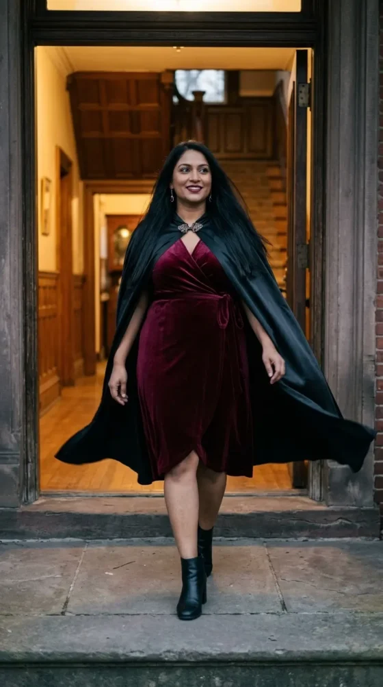 Woman in a burgundy velvet wrap dress and black cape, a vampire royalty Royale High Halloween outfit