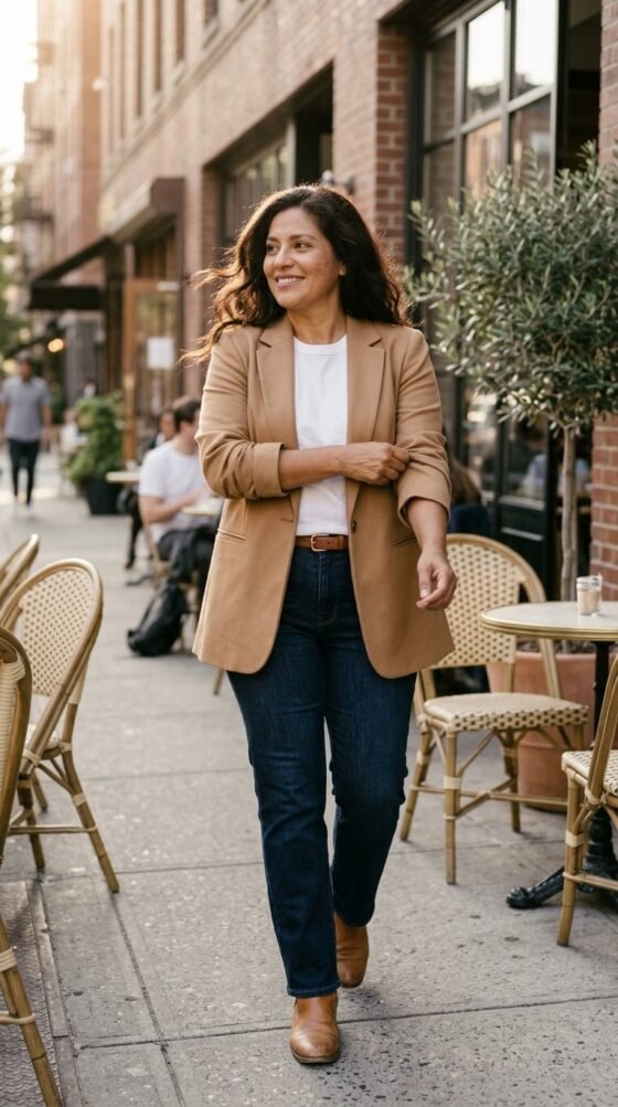 Curvy woman wearing a camel blazer, white tee and dark straight jeans in a capsule wardrobe outfit