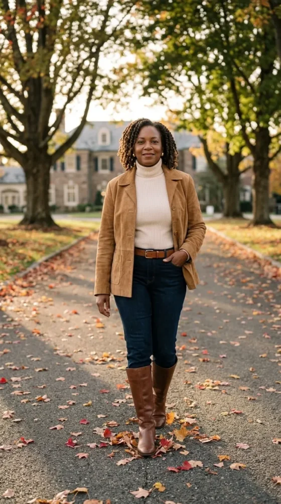 Plus-size woman in a camel suede jacket and riding boots on a tree-lined drive, preppy spirit week outfit