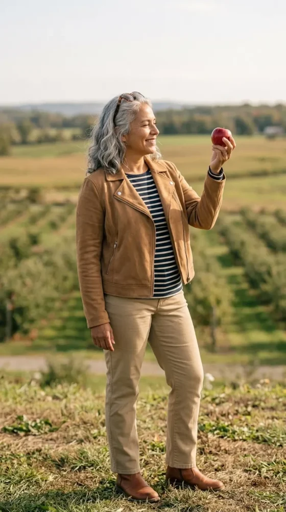Midsize woman in camel suede jacket, striped tee and khaki pants holding an apple at an orchard overlook