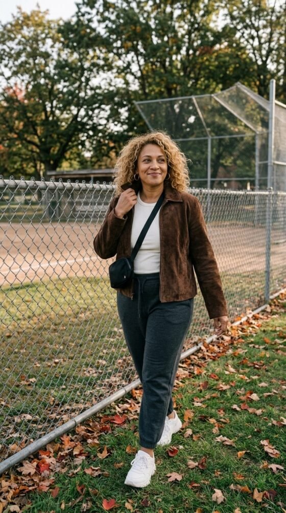 Woman in charcoal joggers, ivory tee and suede jacket, a sporty-chic capsule wardrobe outfit