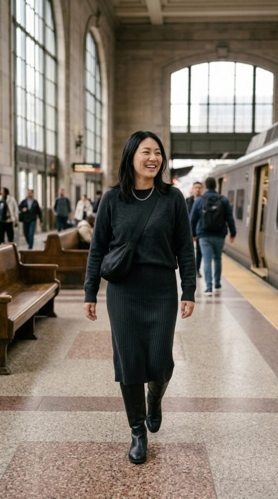 Woman in a charcoal knit sweater and ribbed midi skirt, a minimalist capsule wardrobe look