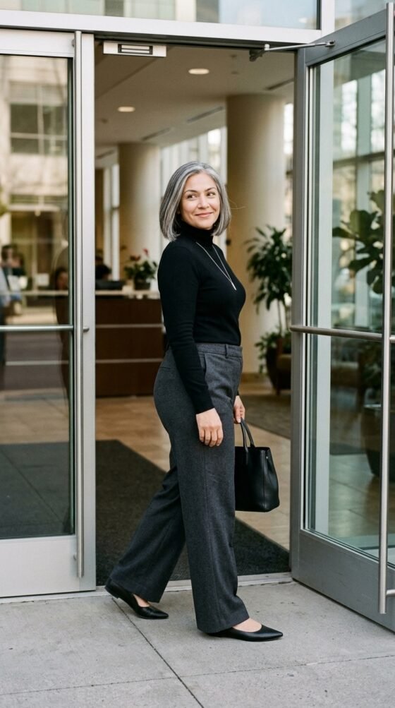 Plus-size woman in charcoal wide-leg trousers and black turtleneck, an elegant work outfit over 40