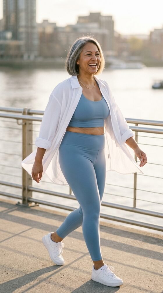 Longline Bra, Leggings and an Open Button-Down