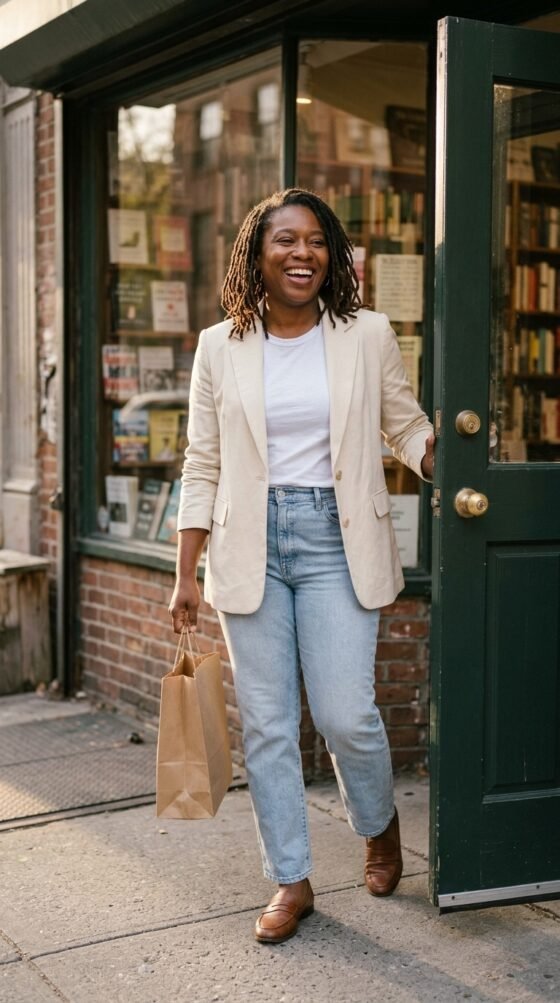 Woman over 40 in cream blazer, white tee and straight jeans, a casual chic spring outfit