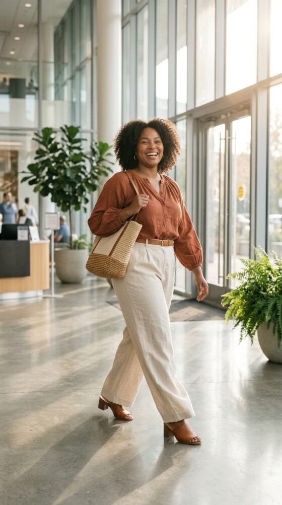 Cream Wide-Leg Trousers and a Rust Blouse for Boho Office Days