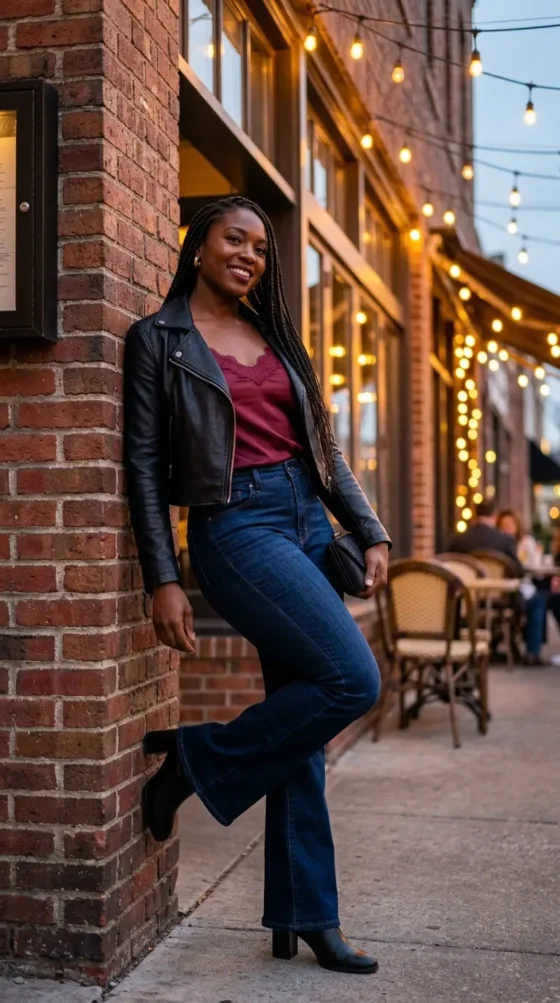Woman in dark flare jeans, burgundy satin cami, and cropped black jacket dressed for a date night