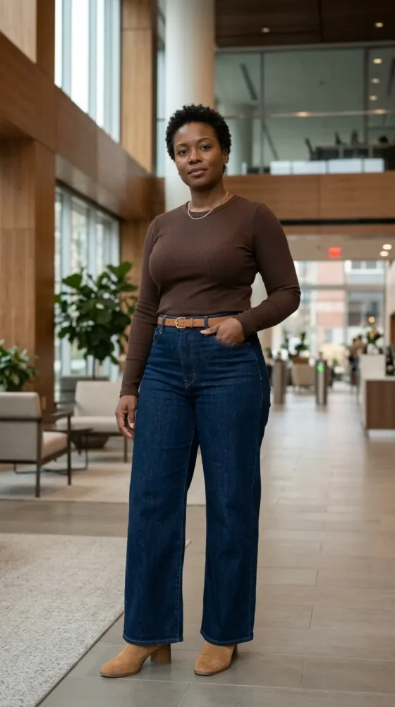 Woman in dark indigo wide-leg jeans and brown ribbed top styled for a Friday office day