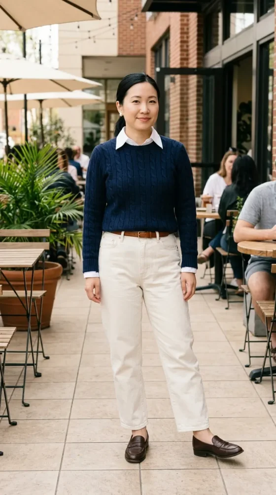 Woman in ecru relaxed jeans, navy cable-knit sweater, and loafers, a modern preppy jeans outfit
