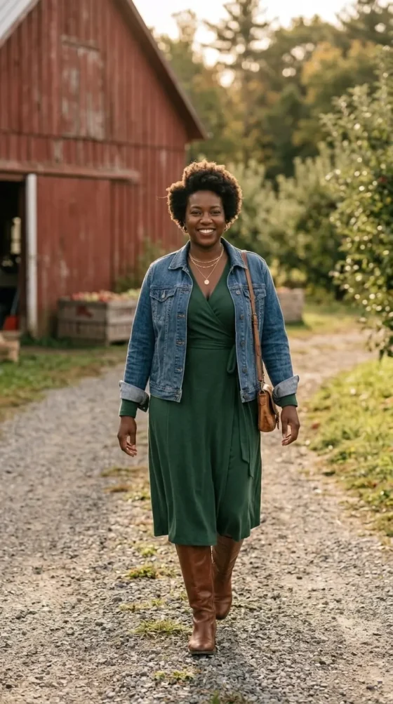 Curvy woman in green wrap dress, denim jacket and tall boots walking near a red barn at an apple orchard