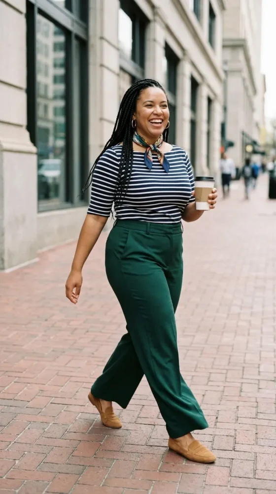 Curvy woman in hunter green wide-leg trousers and a striped top, a modern country club spirit week outfit