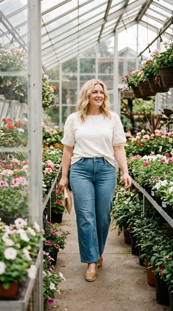 Plus-size woman in ivory eyelet puff-sleeve blouse and wide-leg jeans in a flower-filled greenhouse