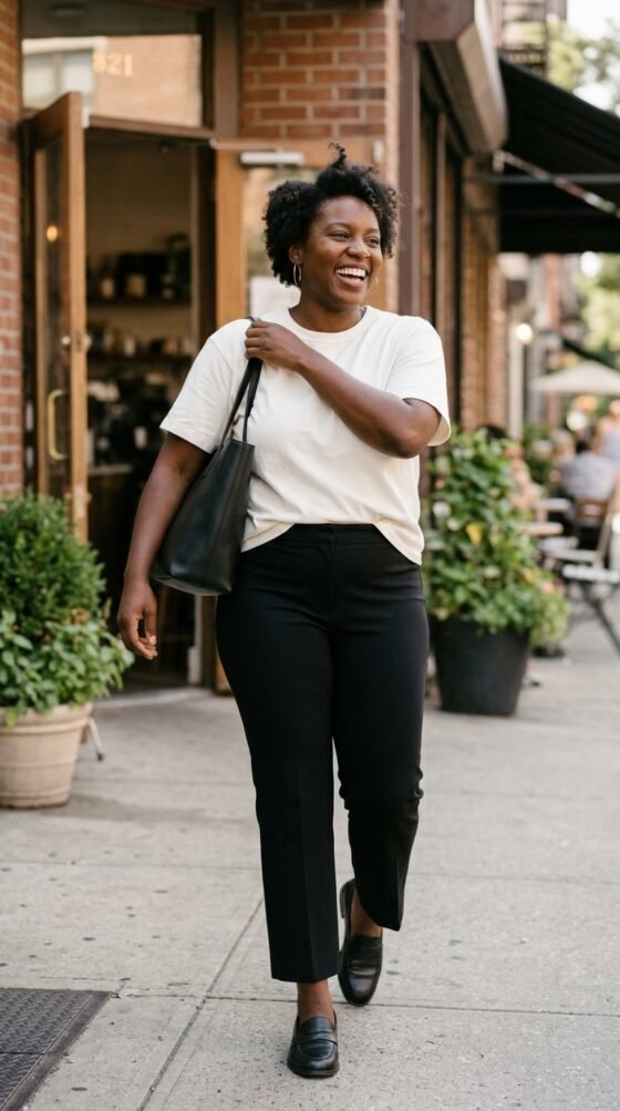 Woman in ivory tee, black straight-leg trousers and loafers in a minimalist capsule wardrobe outfit