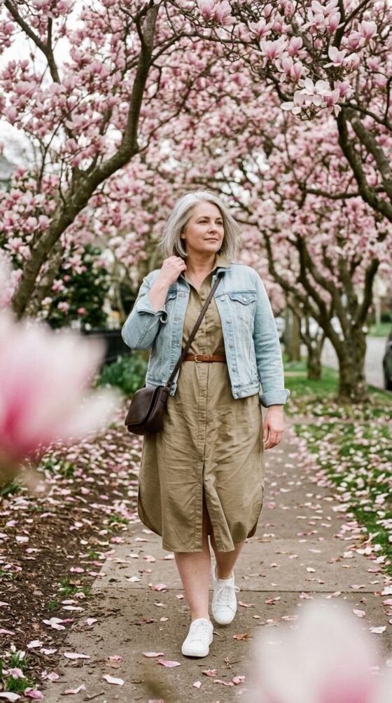 Woman over 40 in khaki shirt dress, denim jacket and sneakers, easy casual chic spring look