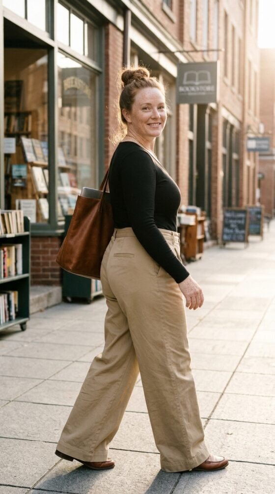 Plus-size woman in charcoal wide-leg trousers and black turtleneck, an elegant work outfit over 40