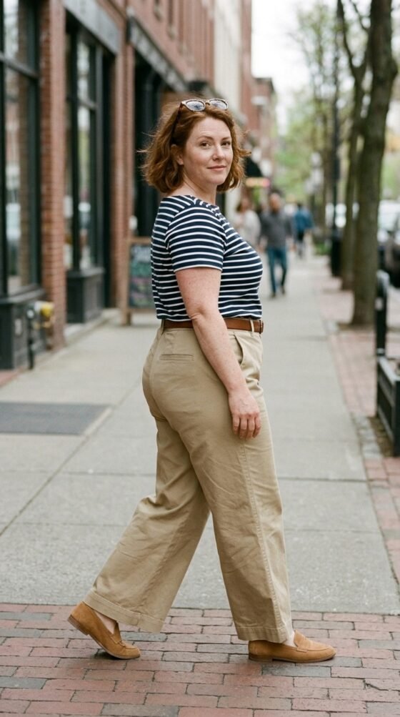 Midsize woman in khaki wide-leg trousers and navy striped tee walking down a city sidewalk