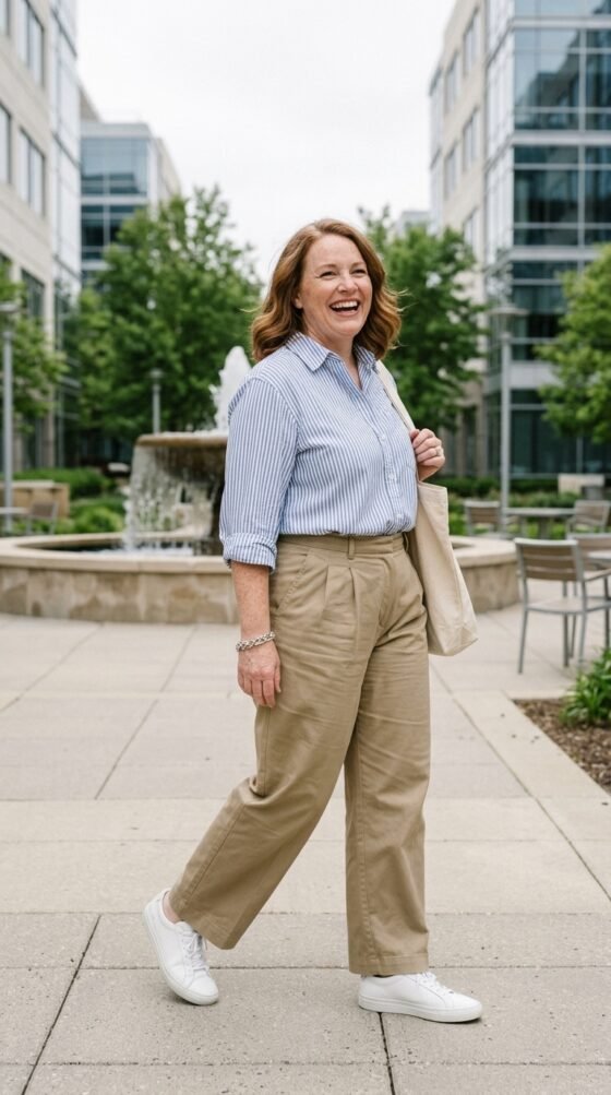 Khaki Wide-Leg Trousers and a Blue Striped Shirt for Modern Preppy Days