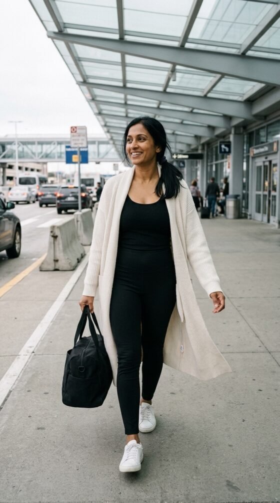 Woman in black leggings, a long ivory sweater-coat and white sneakers, a capsule travel outfit