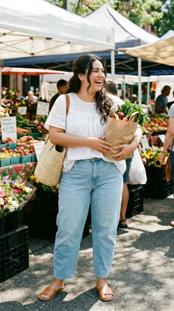 Woman in light-wash barrel-leg jeans and white eyelet top, a breezy summer jeans outfit