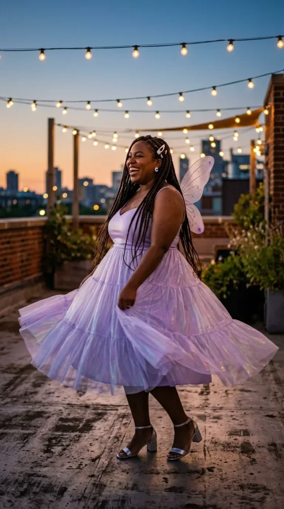 Woman in an iridescent lilac tulle dress with wings, a moonlit fairy Royale High Halloween outfit