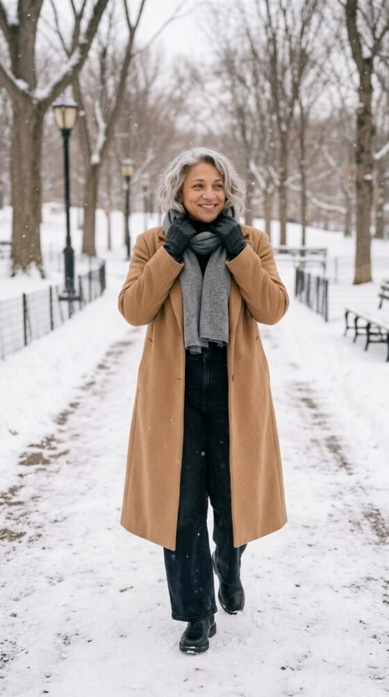 Woman in a camel wool coat, black turtleneck and wide-leg jeans, a winter capsule wardrobe look