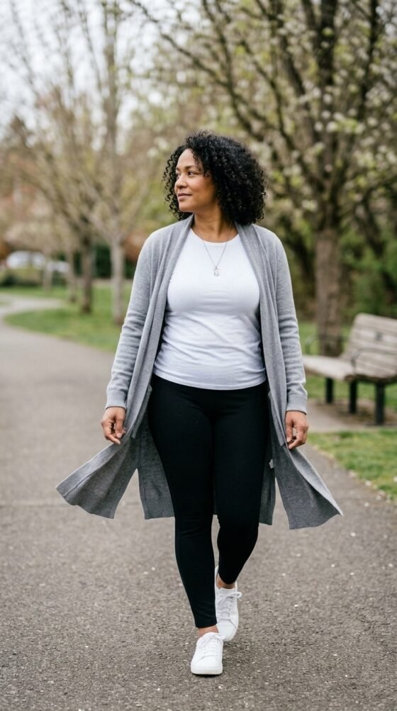 Plus-size woman over 40 in long cardigan, white tee and leggings, comfortable spring outfit