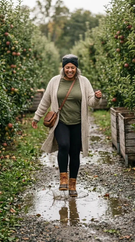 Plus-size woman in long cardigan, leggings and duck boots on a muddy apple orchard path
