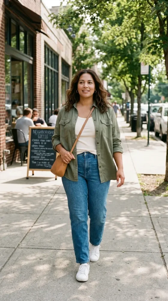 Woman in high-rise straight-leg jeans, cream tank, and olive shirt, a comfy jeans outfit for a tummy]