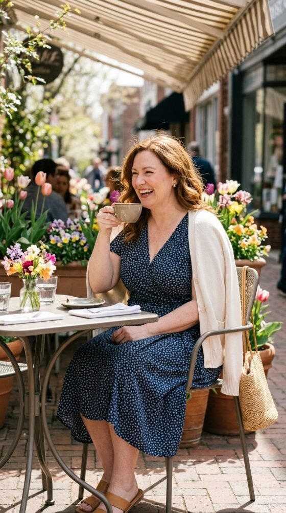 Woman over 40 in floral wrap midi dress and cream cardigan, romantic casual chic spring outfit