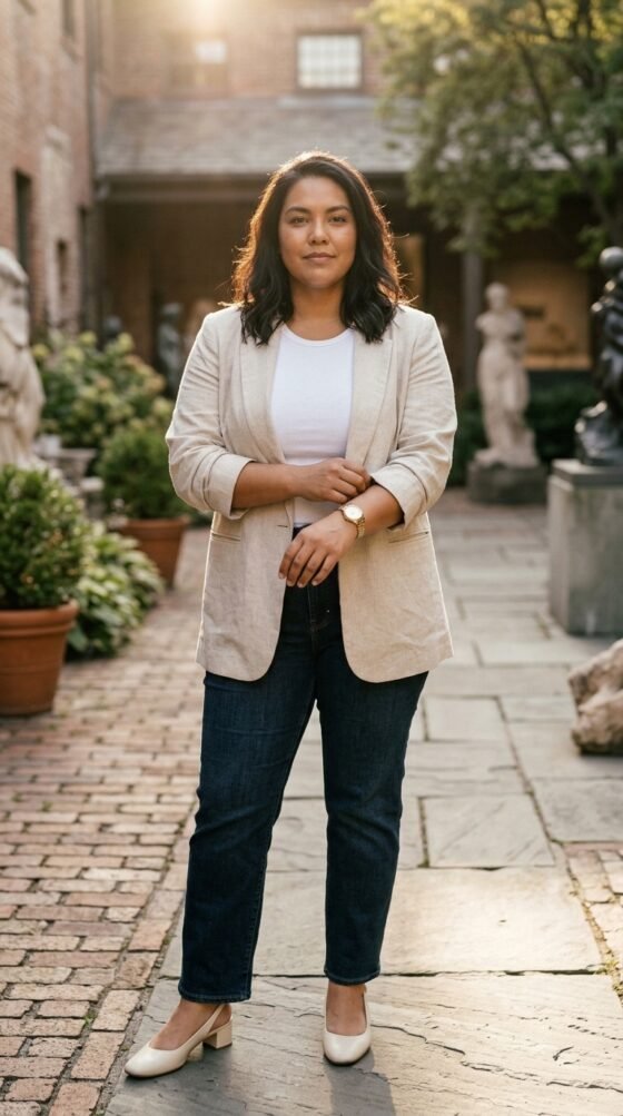 Linen Blazer, Tee and Dark Straight Jeans