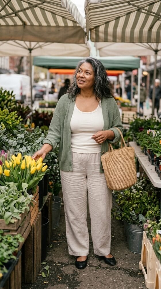 Plus-size woman over 40 in linen wide-leg pants and sage cardigan, comfortable spring outfit
