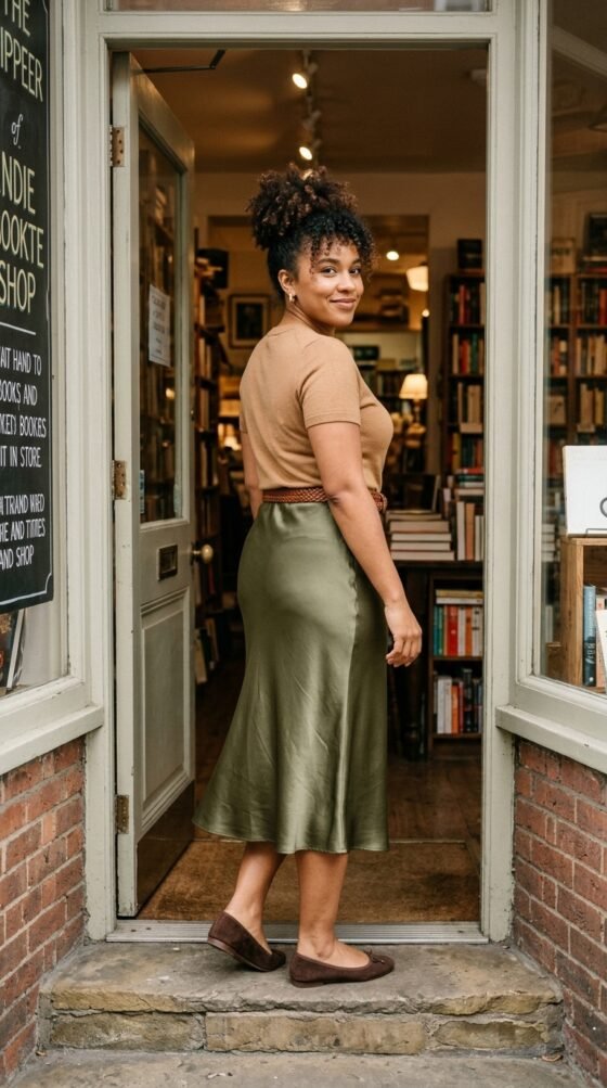 Olive Satin Midi Skirt with a Camel Tee
