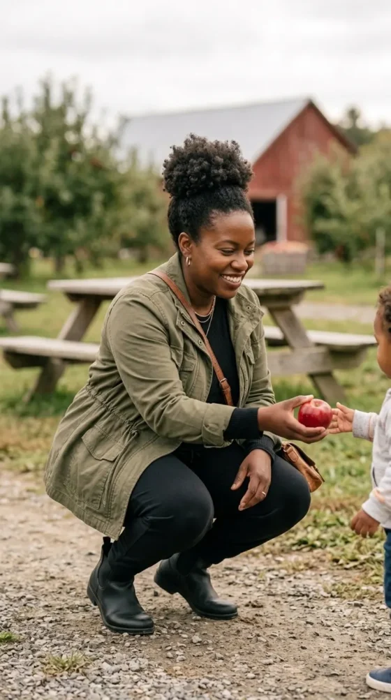 Plus-size mom in olive utility jacket, black joggers and boots handing an apple to her child in an orchard