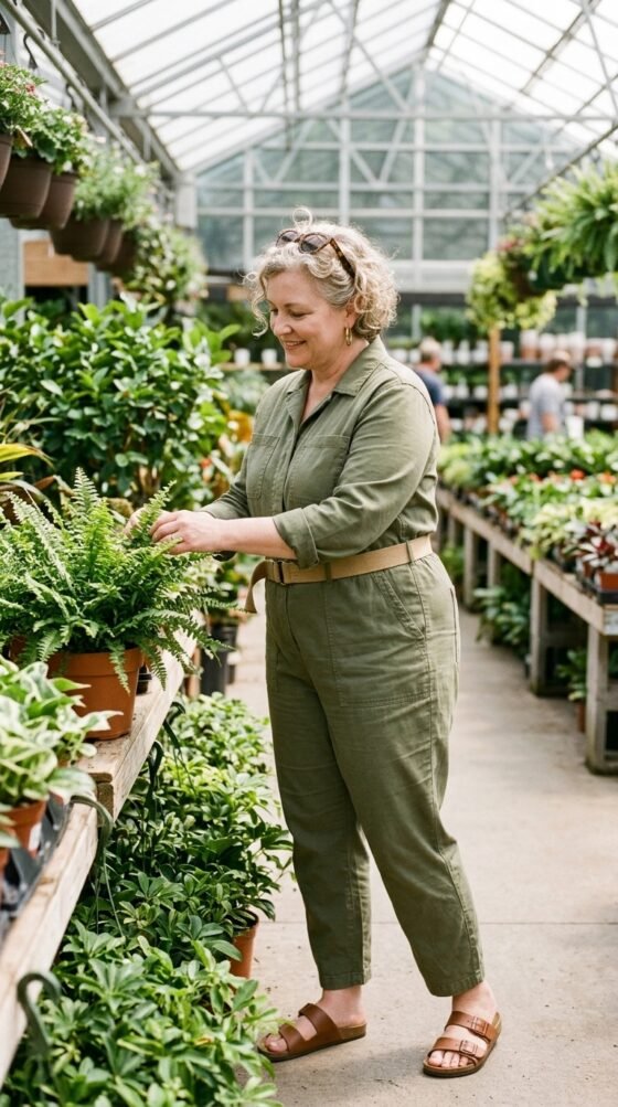 Woman over 40 in olive utility jumpsuit and slide sandals, one-piece casual chic spring outfit