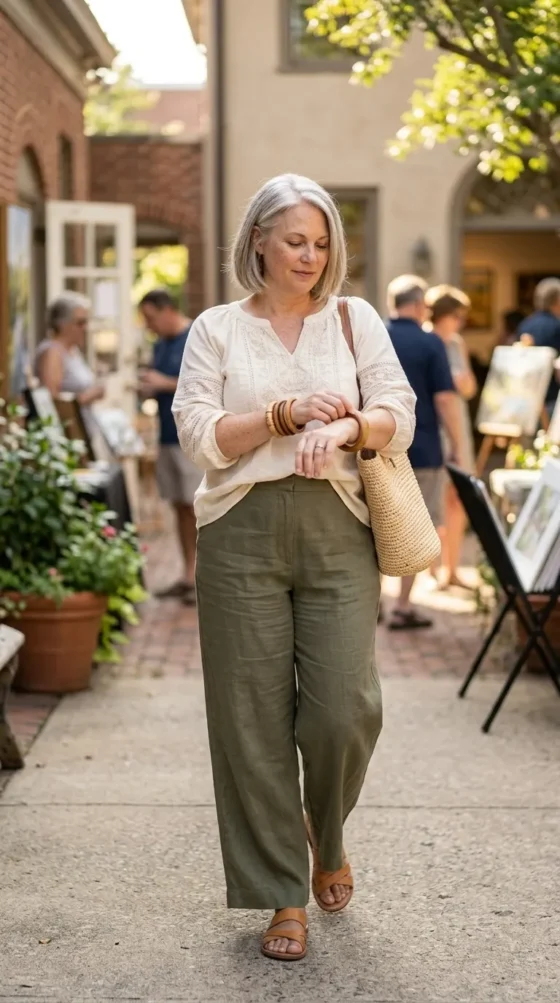 Woman in wide-leg linen pants and an embroidered peasant blouse, an easy boho outfit over 40