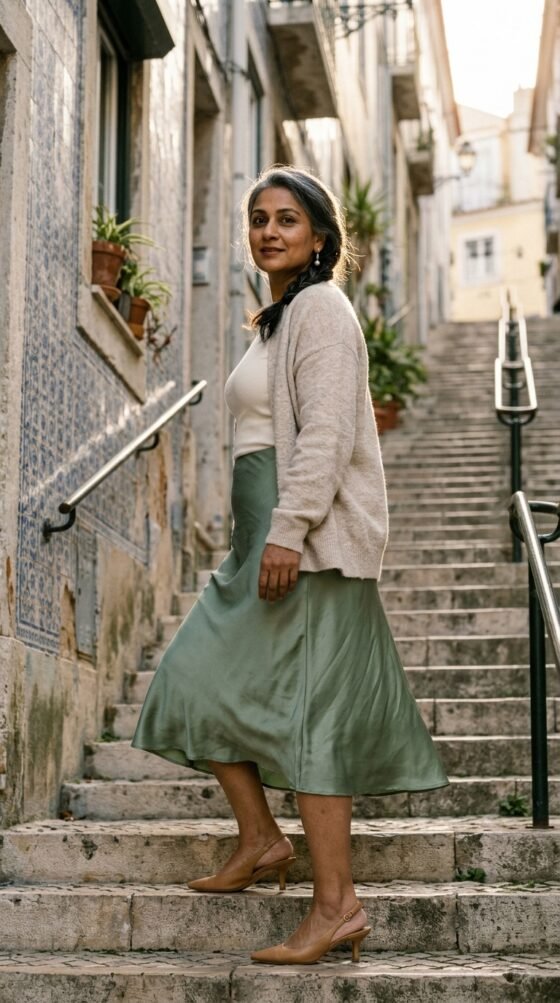 Curvy woman in olive wrap midi dress, cream cardigan and white sneakers, spring capsule wardrobe look