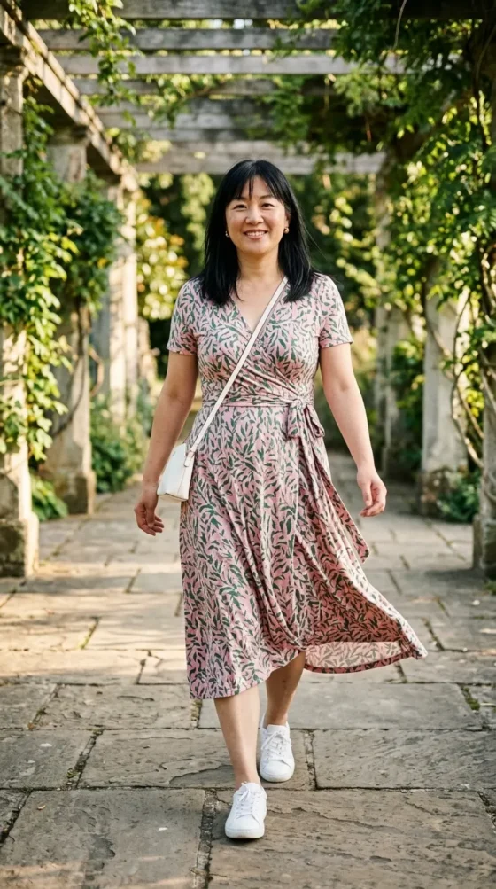Midsize woman in a pink and green wrap dress on a pergola path, a country club outfit for spirit week