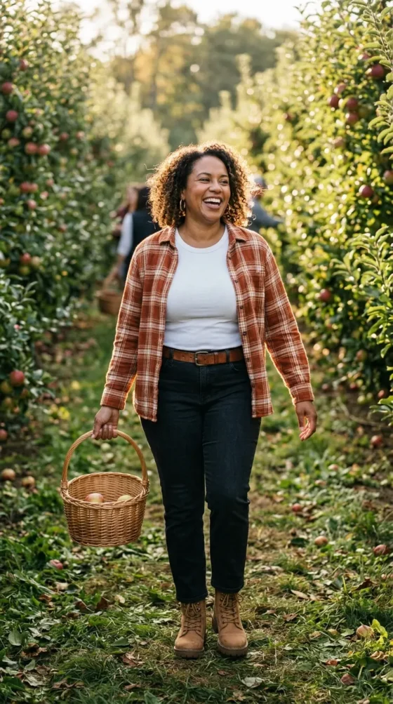 Curvy woman in plaid flannel, straight-leg jeans and tan boots walking through an apple orchard