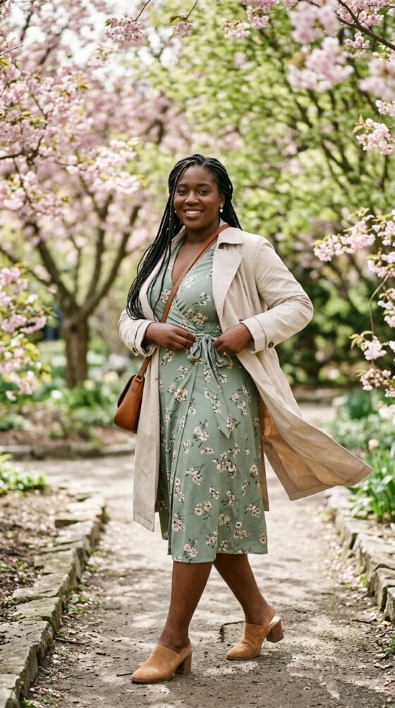 Curvy woman in sage floral wrap dress and stone trench coat in a spring botanical garden