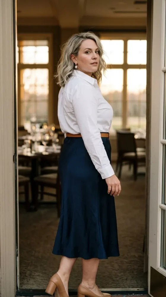 Woman in a navy satin midi skirt and white shirt at a club dining room, country club outfit spirit week