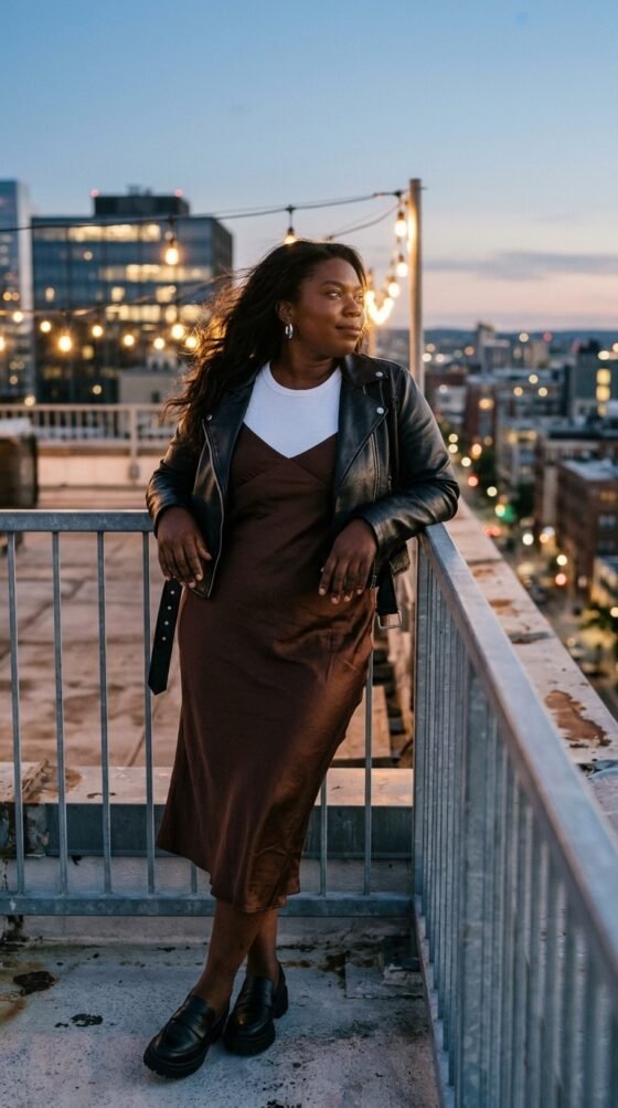 Midsize woman in chocolate slip dress, white baby tee and moto jacket on a city rooftop at dusk