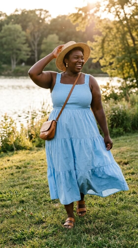 Plus-size woman in ivory eyelet puff-sleeve blouse and wide-leg jeans in a flower-filled greenhousen