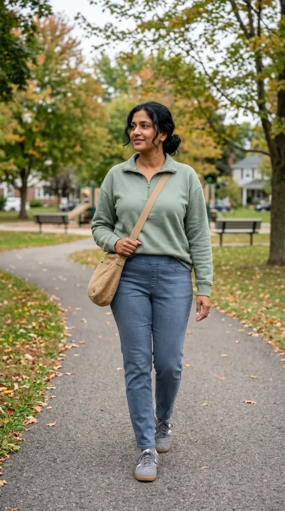 Woman in slate-blue pull-on tapered jeans and sage quarter-zip pullover, a comfy bloat day outfit