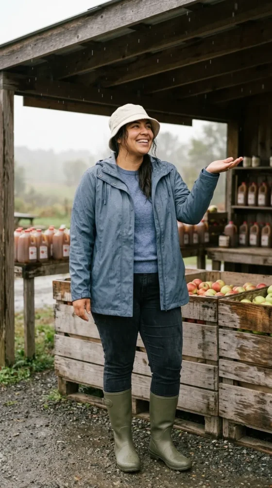 Curvy woman in blue rain jacket, jeans and olive rain boots smiling at a farm stand in an apple orchard