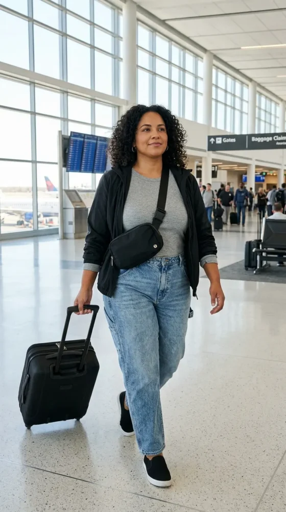 Woman in stone-wash carpenter jeans, gray tee, and black jacket in an airport, a comfy travel outfit