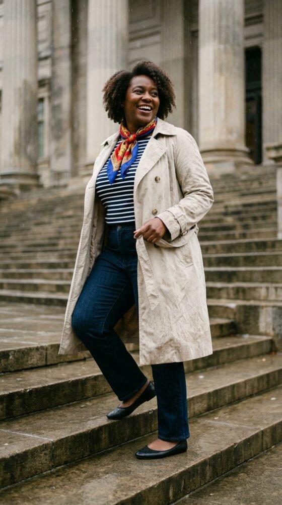 Plus-size woman over 40 in stone trench, striped tee and dark jeans, rainy spring outfit